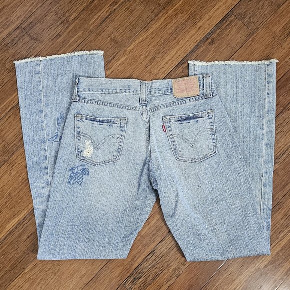 VINTAGE junior's LEVI'S #513 slouch boot cut JEANS distressed IMPRINTED DESIGN - Picture 10 of 16